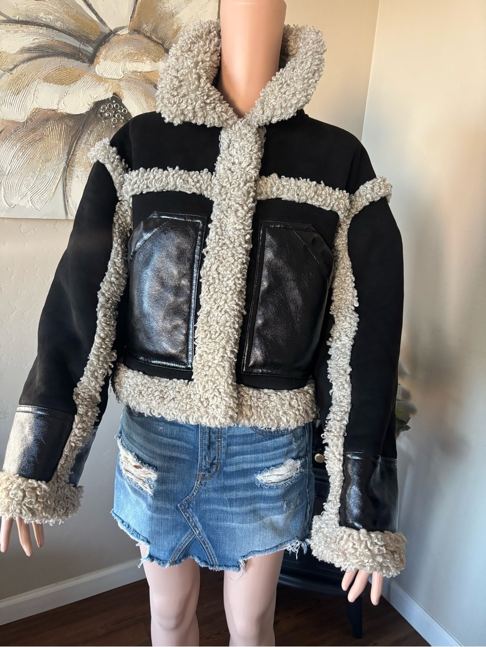 Stand Studio Black Shearling Trim Cropped Trench Coat
